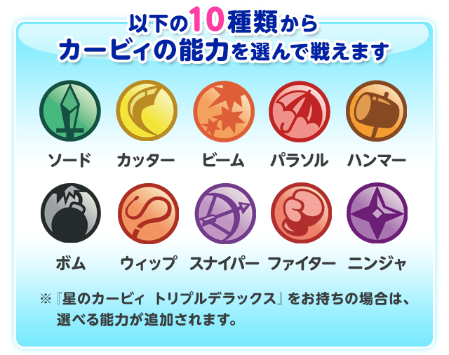以下の10種類からカービィの能力を選んで戦えます。「ソード、カッター、ビーム、パラソル、ハンマー、ボム、ウィップ、スナイパー、ファイター、ニンジャ」※『星のカービィ トリプルデラックス』をお持ちの場合は、選べる能力が追加されます。