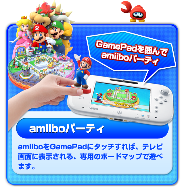 GamePadを囲んでamiiboパーティ。『amiiboパーティ』：amiiboをGamePadにタッチすれば、テレビ画面に表示される、専用のボードマップで遊べます。